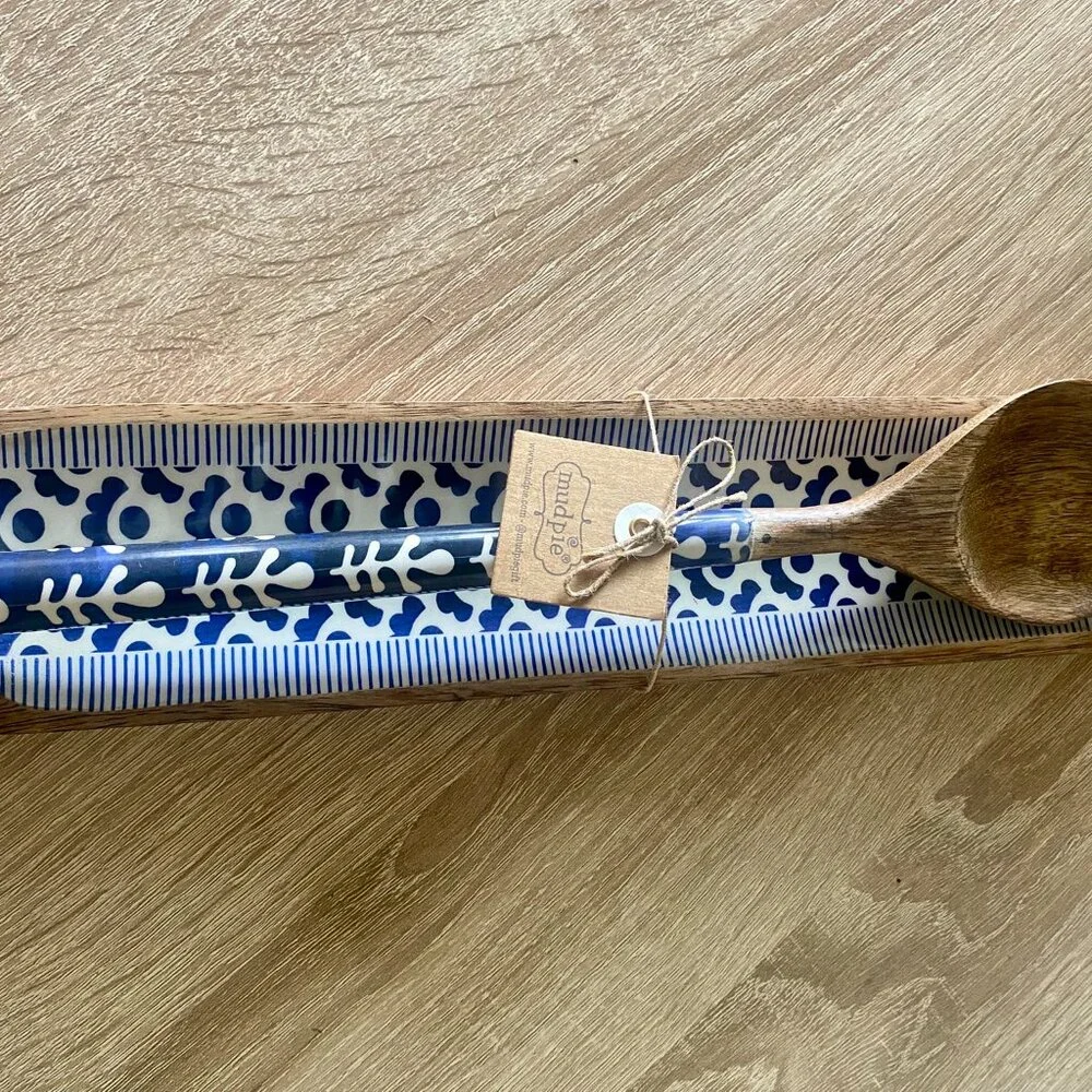 Mud Pie Blue Indigo Spoon Rest With Wooden Mango Spoon 2 Piece Set - Picture 2 of 4